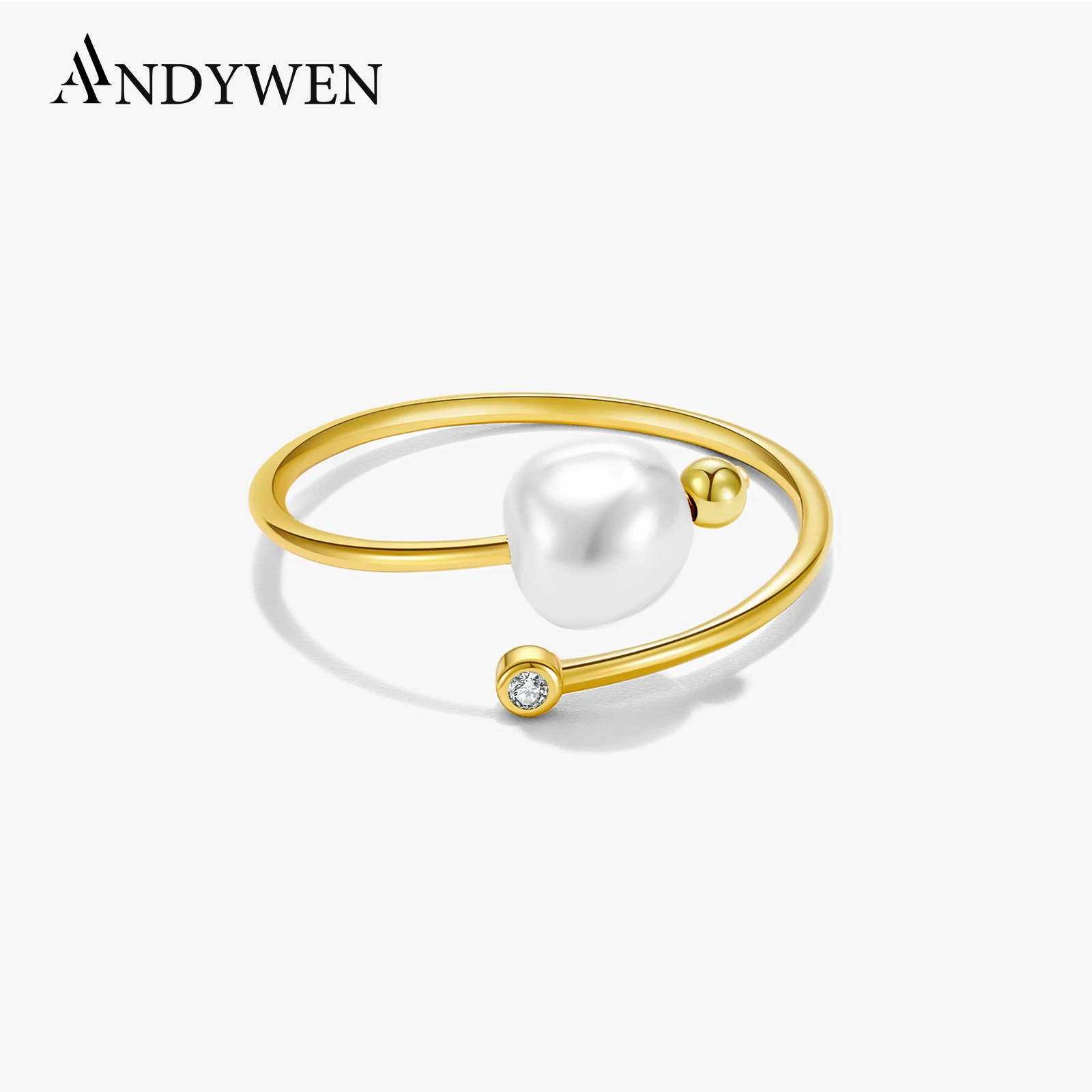 

ANDYWEN 925 Sterling Silver Open Ring with Pearl & Zircon Adjustable 2025 Modern Elegant Wedding Jewelry Gift for Women