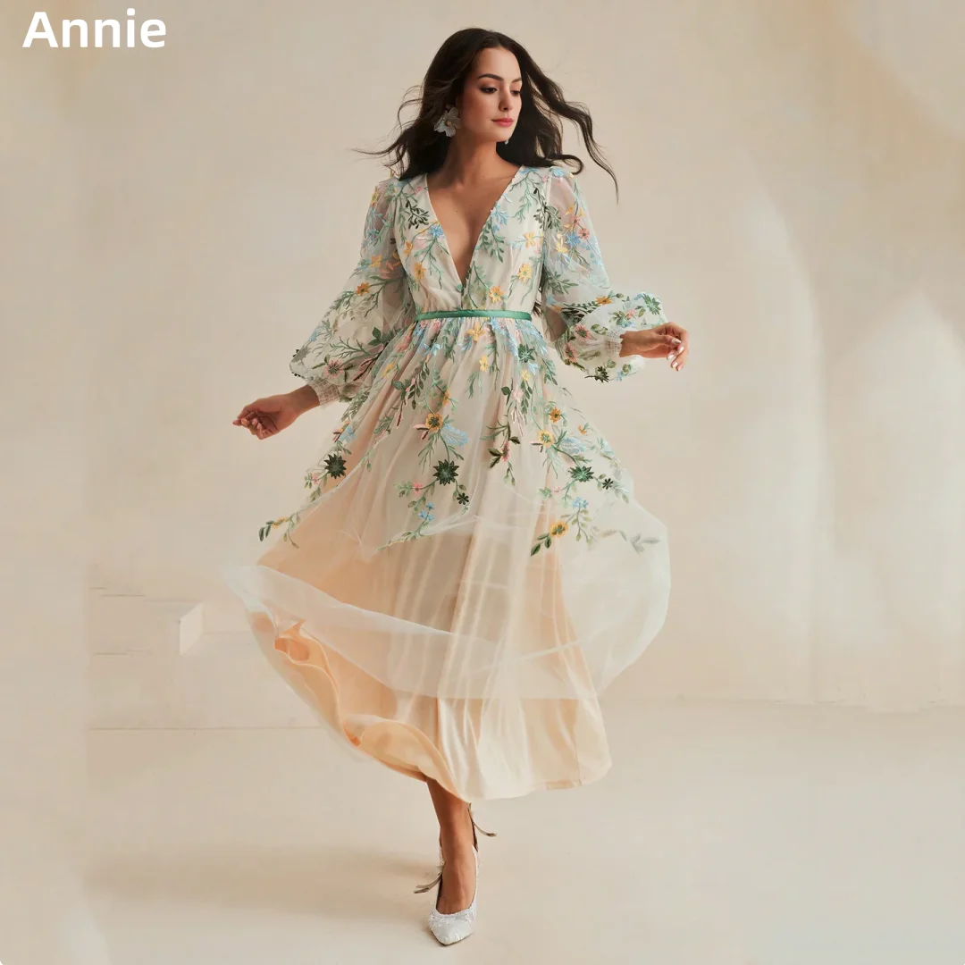 Annie Light Champagne Prom Dresses Floral Embroidered Puffy Long Sleeves Wedding Dress Princess Robes De Soirée Customized 2025