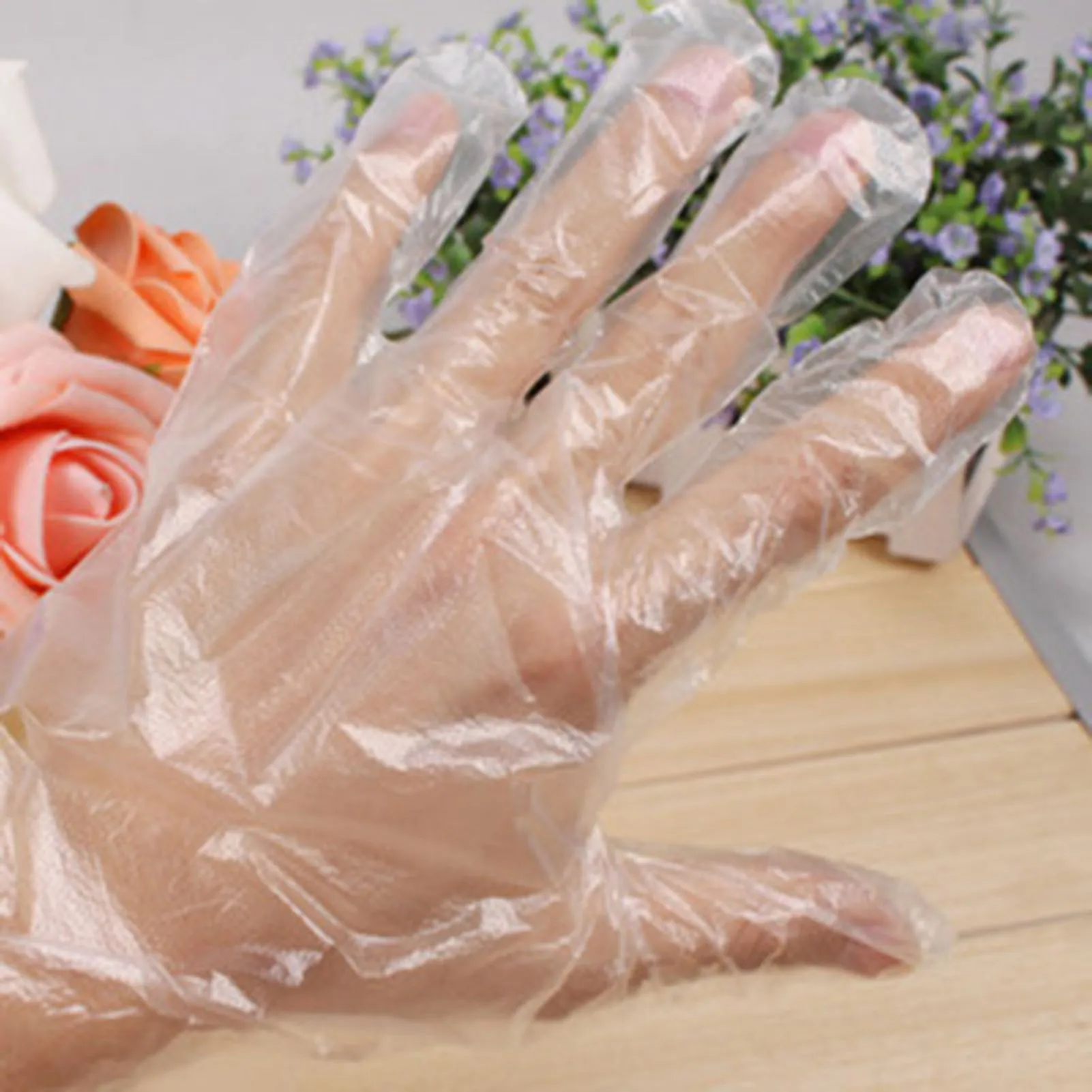 Venta al por mayor, 100 Uds., guantes desechables de plástico, guantes transparentes para manipulación de alimentos para alimentos a granel, cocina