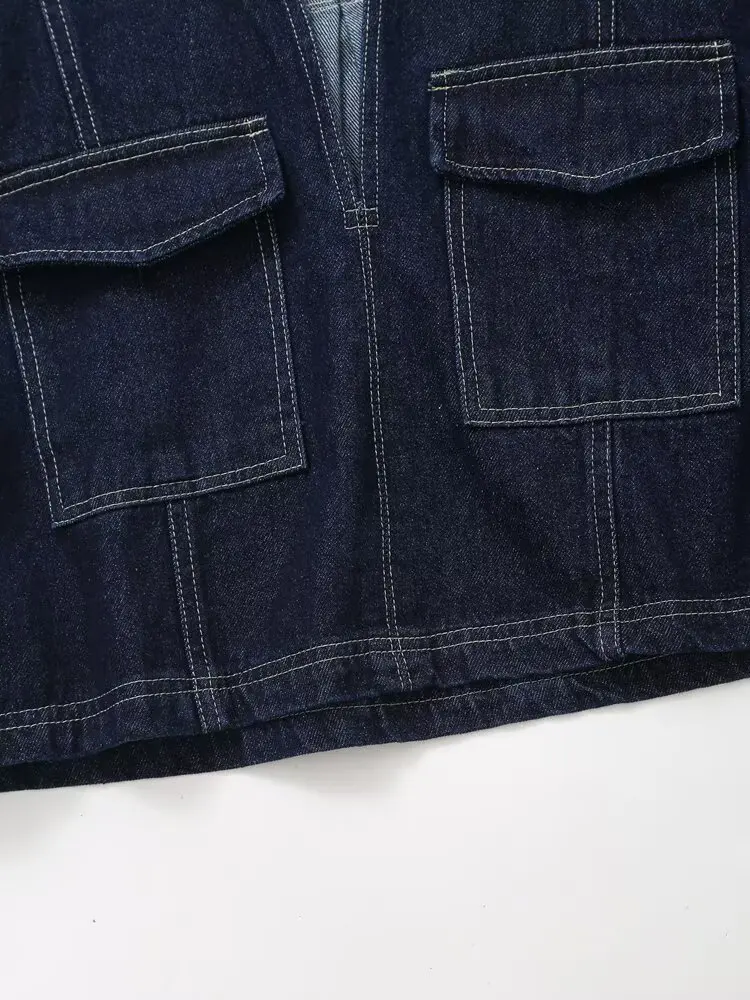 Maxdutti 2025 Summer High Street Denim Shirt Women Double Pockets V-neck Short Blouse Women Tops