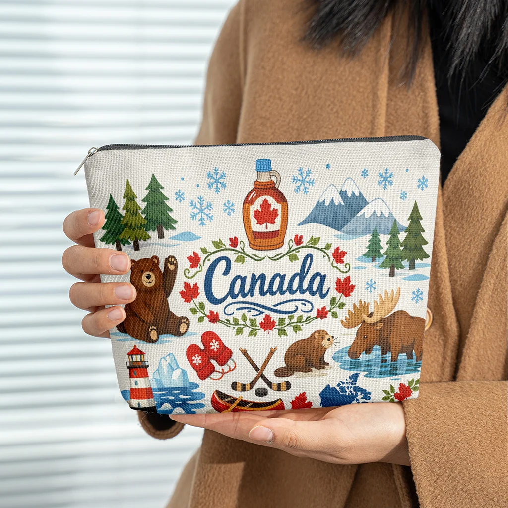 

Cosmetic Bag Canada Themed Elements Linen Makeup Bag Lightweight Cosmetic Pouch With Zipper For Women Multifunctional Toi