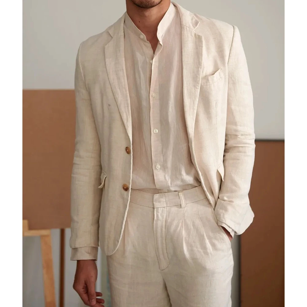 

Men Suit 2 Piece Set Cotton Linen Khaki Single Breasted Notch Lapel Slim Fit Casual Fashion Elegant Blazer Comfortable Work Busi
