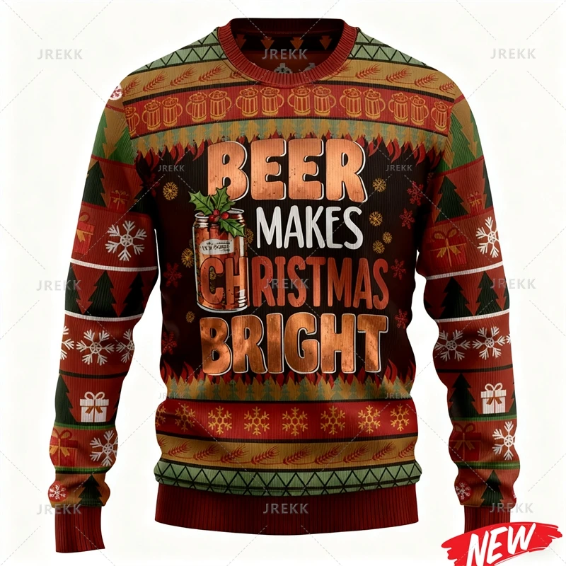 2026 New Beer Graphic Ugly Christmas Sweater Men Women Colorful 3d Printing Sweatshirt New Year Xmas Party Long Sleeve Hoodies