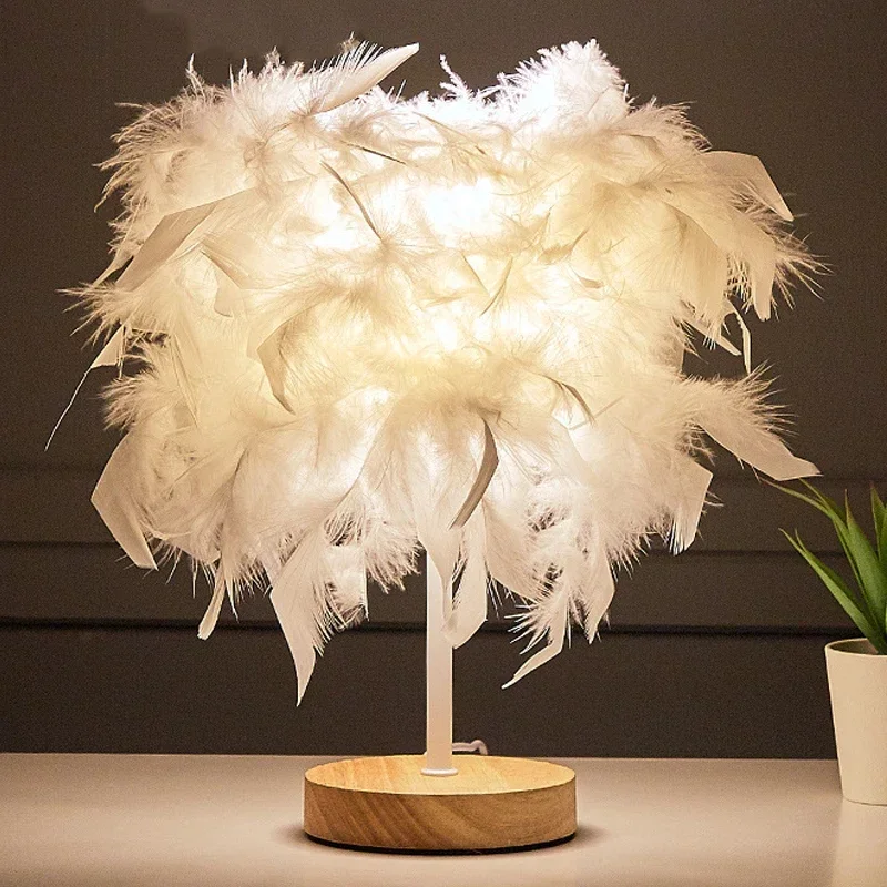 Switch Plug-in Nordic Light Luxury Feather Table Lamp Bedroom Bedside Lamp Creative Gift Decoration Net Red Button Night Light