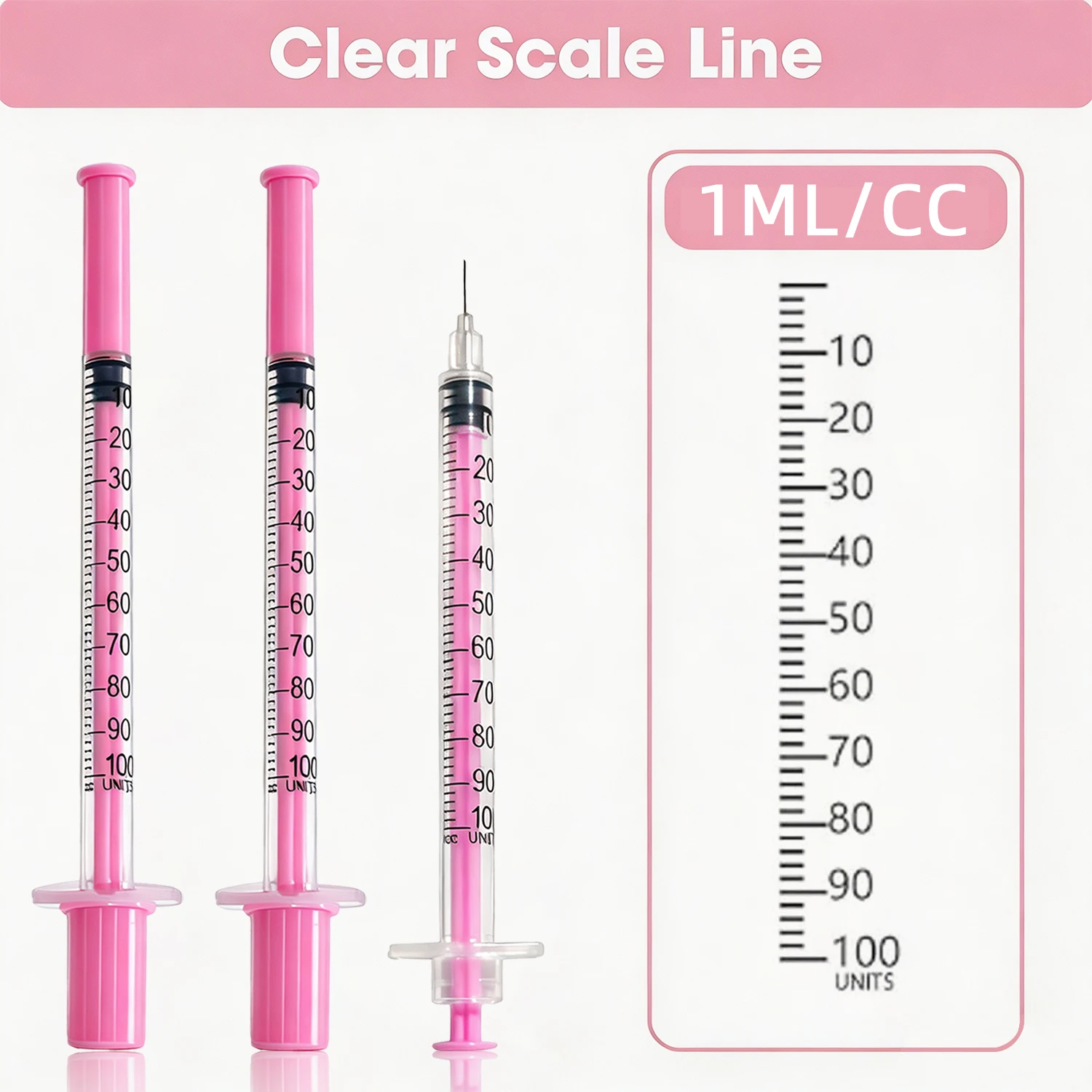 25/100 Stück 1ml/30G-31G/8mm Insulinspritze mit ultrafeiner Nadel – Steril, einzeln verpackt, rosa Kappe, Präzision für niedrige Dosen – Detail 3