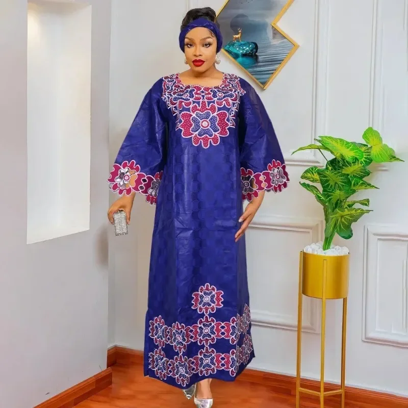 

Plus Size African Clothes for Women New Dashiki Ankara Embroidery Polyester Evening Wedding Party Dresses with Headscarf