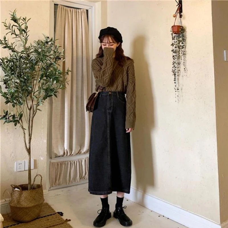 Lucyever Korean Chic Denim Midi Skirt Women 2022 Spring High Waist Simple Medium-long Skirts Vintage All-match Streetwear Skirt