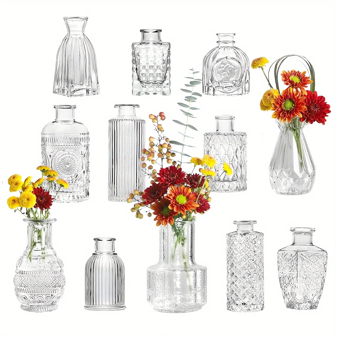 Transparent Flower Vase Set for 12pcs Glass Flowers Bottle Wedding Home Desktop Decorations
