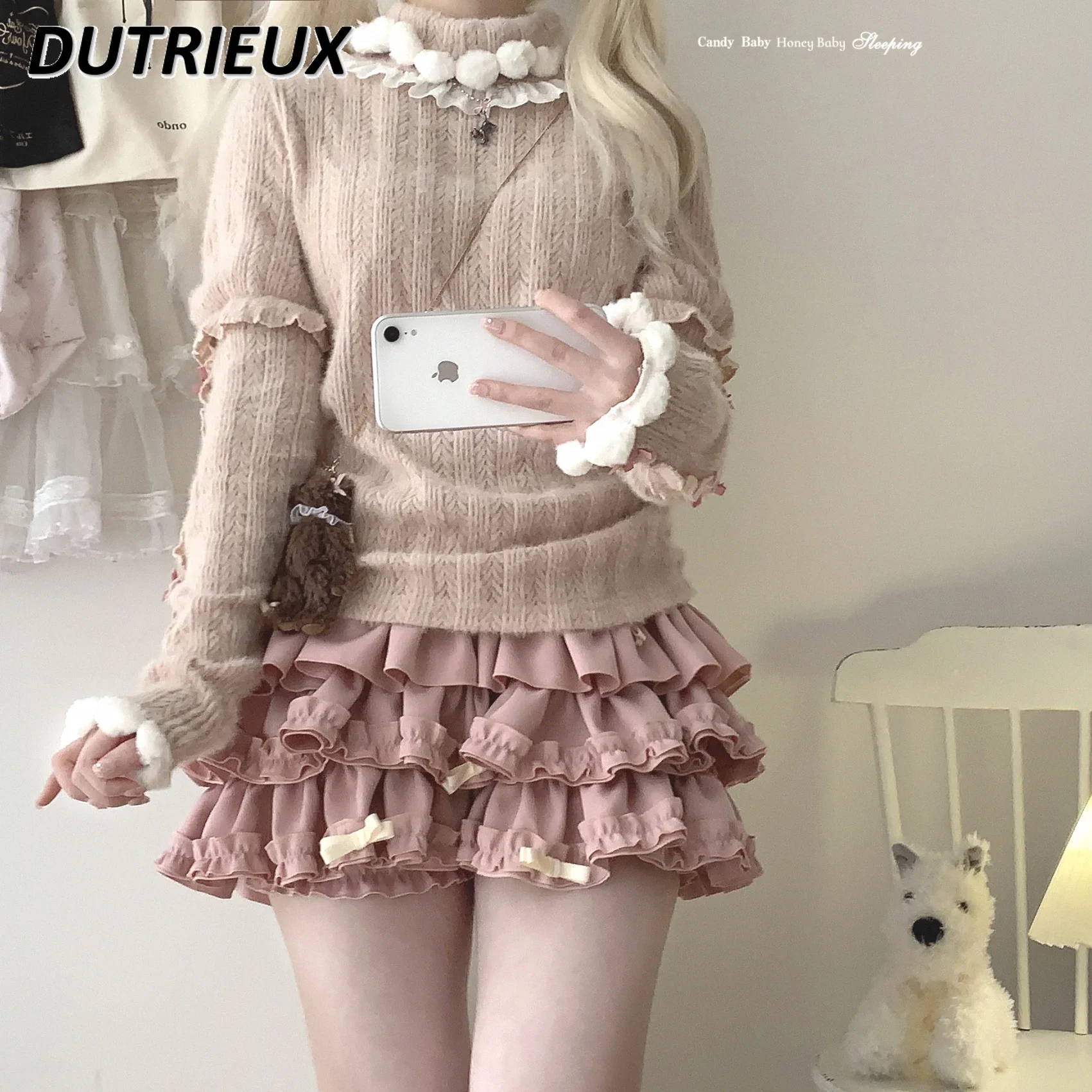 New Autumn and Winter Hairball Turtleneck Bubble Sleeve Knitted Sweater Sweet Cute Girls' Versatile Twist Bottoming Top Jumper