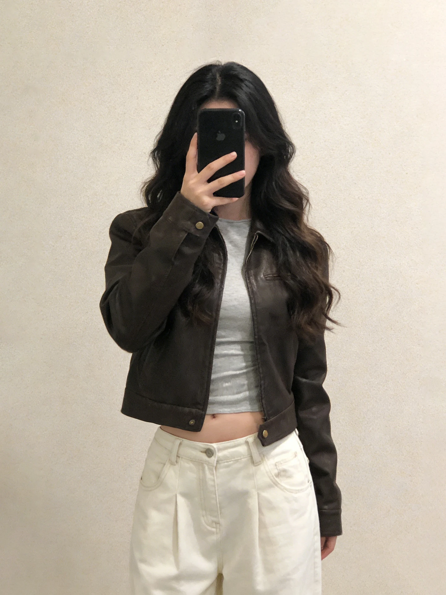 

Retro American Sle ort PU Leather Jaet Women's Slim Fit Cool Wind Coffee Color Motorcycle Jaet Top for Spring