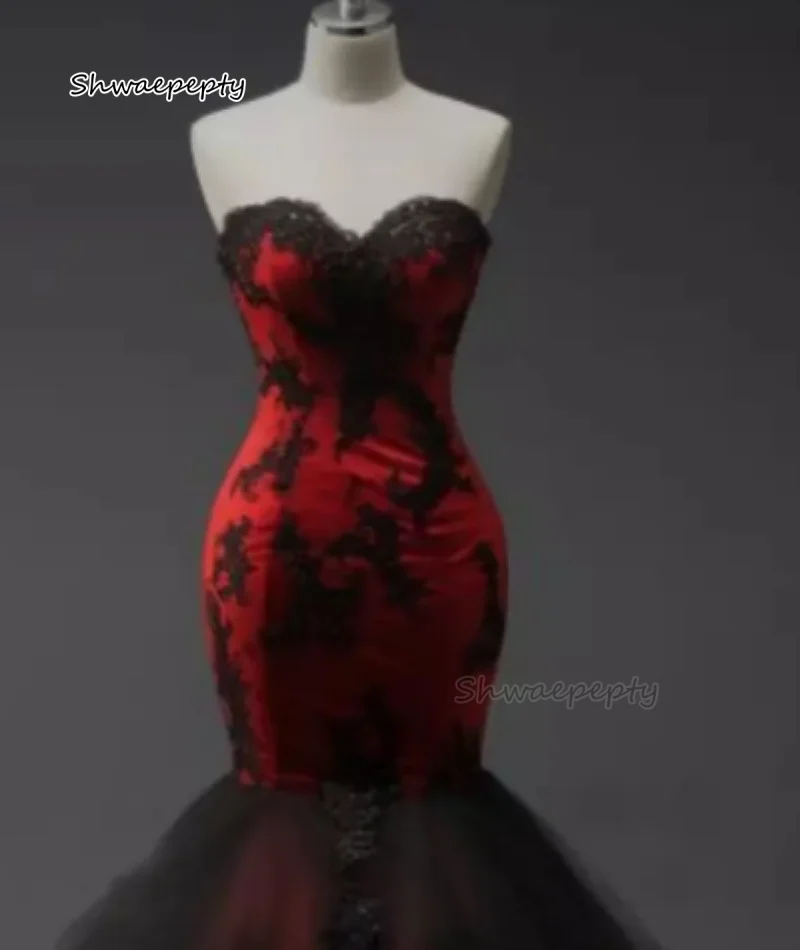 Red And Black Mermaid Gothic Wedding Dress Bridal Gowns Lace Appliques Corset Long Tulle Vestido De Novia Customzied