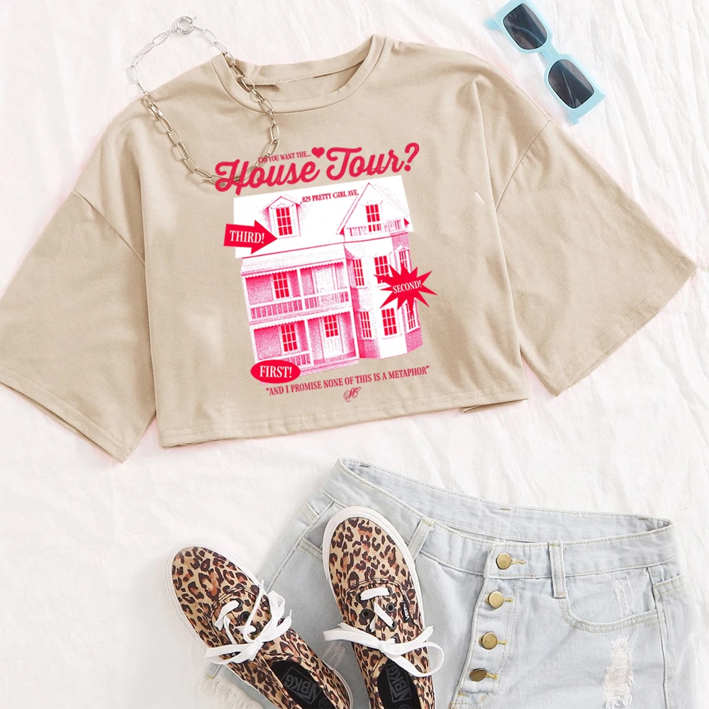 سابرينا كاربنتر هاوس جولة قميص المرأة س الرقبة قصيرة الأكمام المحاصيل قمم تي شيرت #3