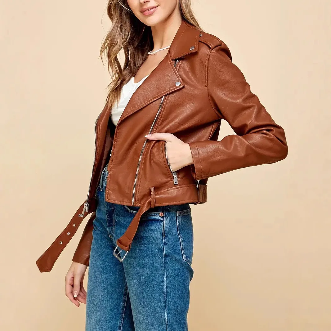 2024 New European and American Women's Short PU Leather Jacket Retro Fashion Autumn Cycling Motorcycle Coat