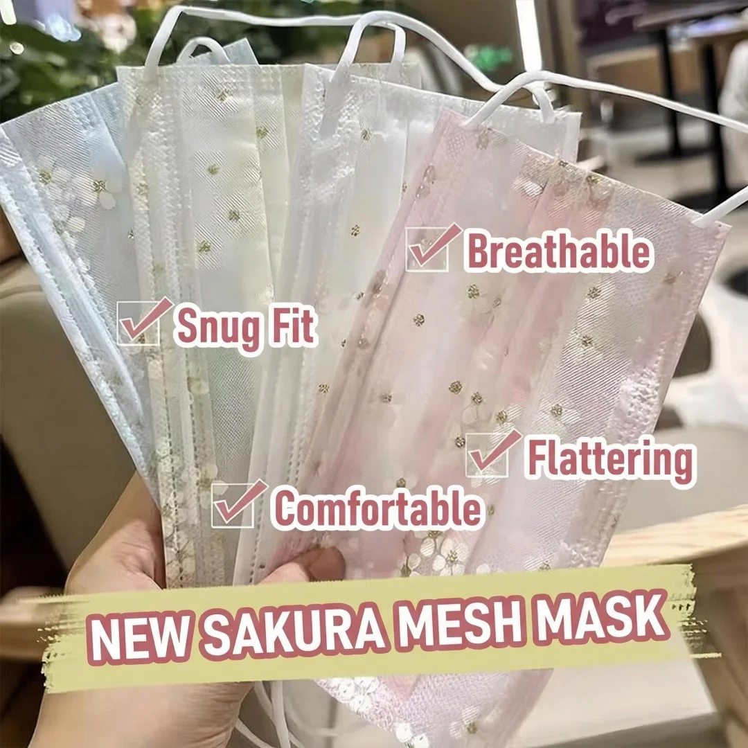 40pcsSakura Print Mesh Disposable Face Mask Breathable Lightweight Comfortable Earloop Fashion Daily Use Floral Protection Mask