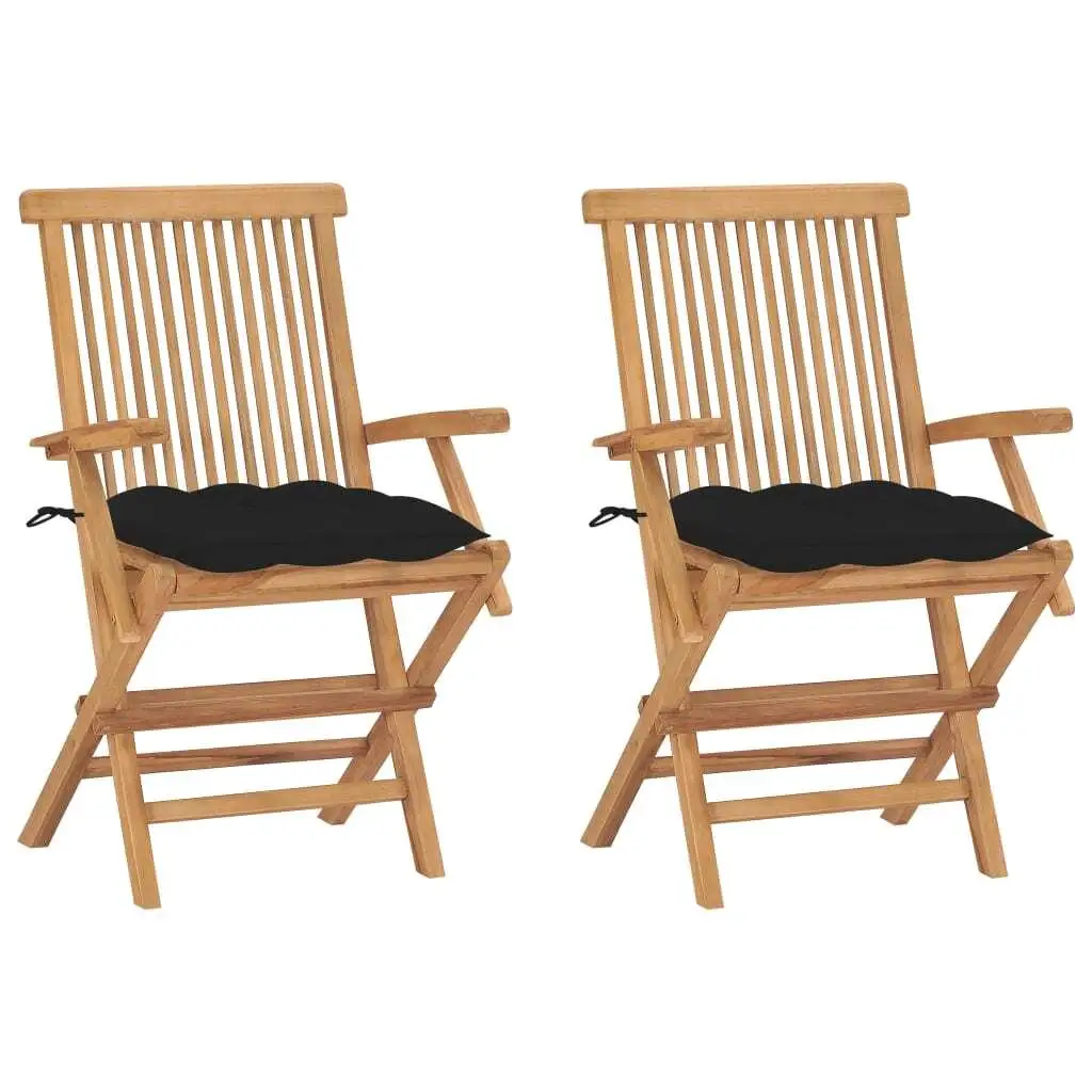 

Set of 2 Solid Teak Wood Patio Chairs with Black Cushions - Outdoor Furniture