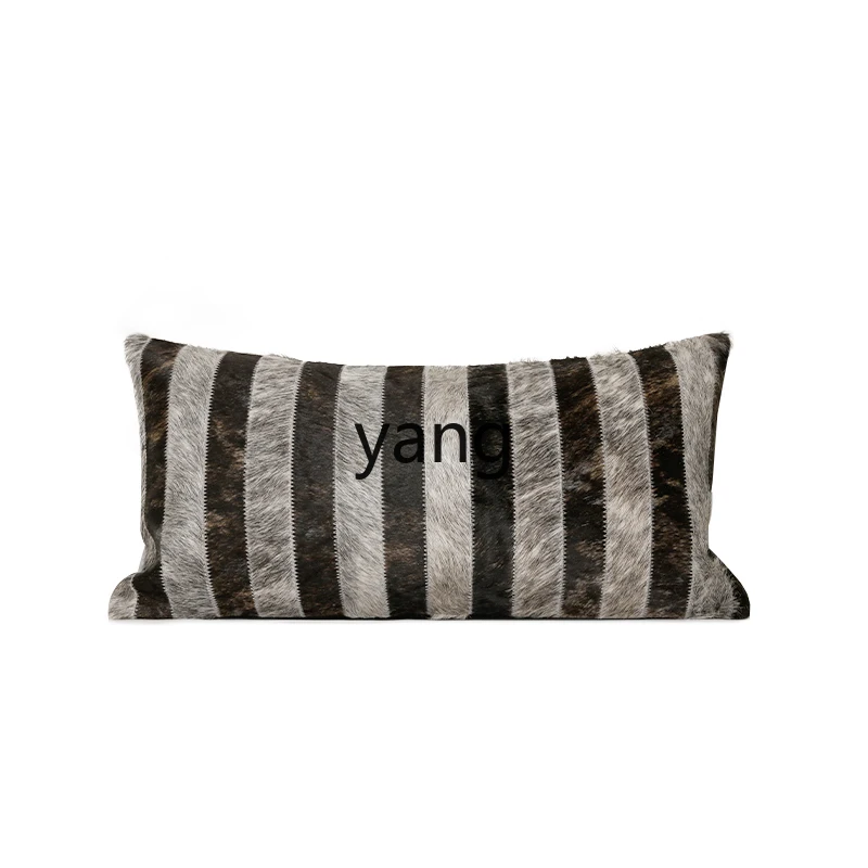 LMM Light Luxury Black Gray Cowhide Interval Stripes Waist Pillow Living Room Sand Fur Throw Pillowcase