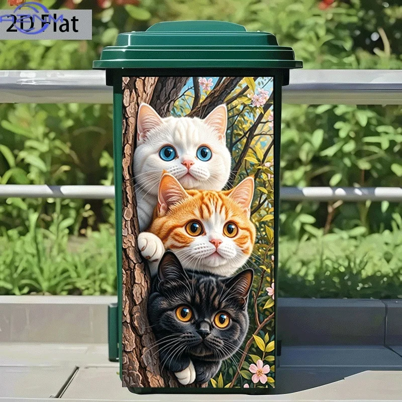 2D Flat Printing 1pc Trash Can Sticker ×inch, Three Cute Cats Playfully Exploring Branches Theme Design, Self-Adhesive Wall De