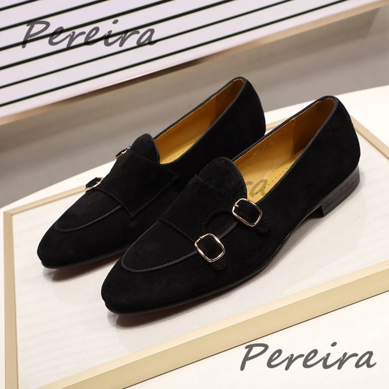 Men Suede Shallow Handmade Loafers Retro Metal Buckle Pointed Toe Casual Shoes Summer Outdoor Comfortable Male Shoes Large Size