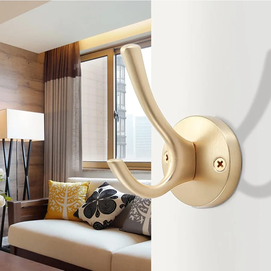 Gold Wall Hooks 6 Pack Heavy Duty Metal Double Coat Robe Hook Wall Mounted for Bathroom Cubicle Kitchen Closet Garage Durable H