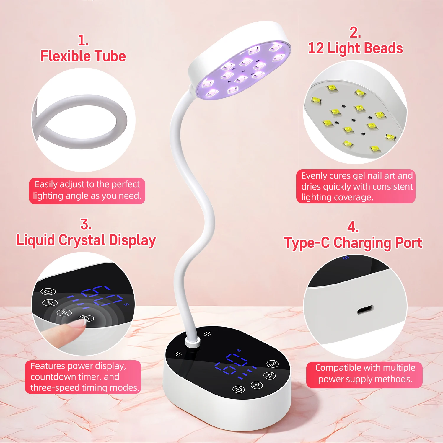 UV LEDネイルランプ 充電式 UVライト ジェルネイル用 コードレス ポータブル ネイルドライヤー 360 ° 回転式研磨硬化ランプ、バッテリー付き