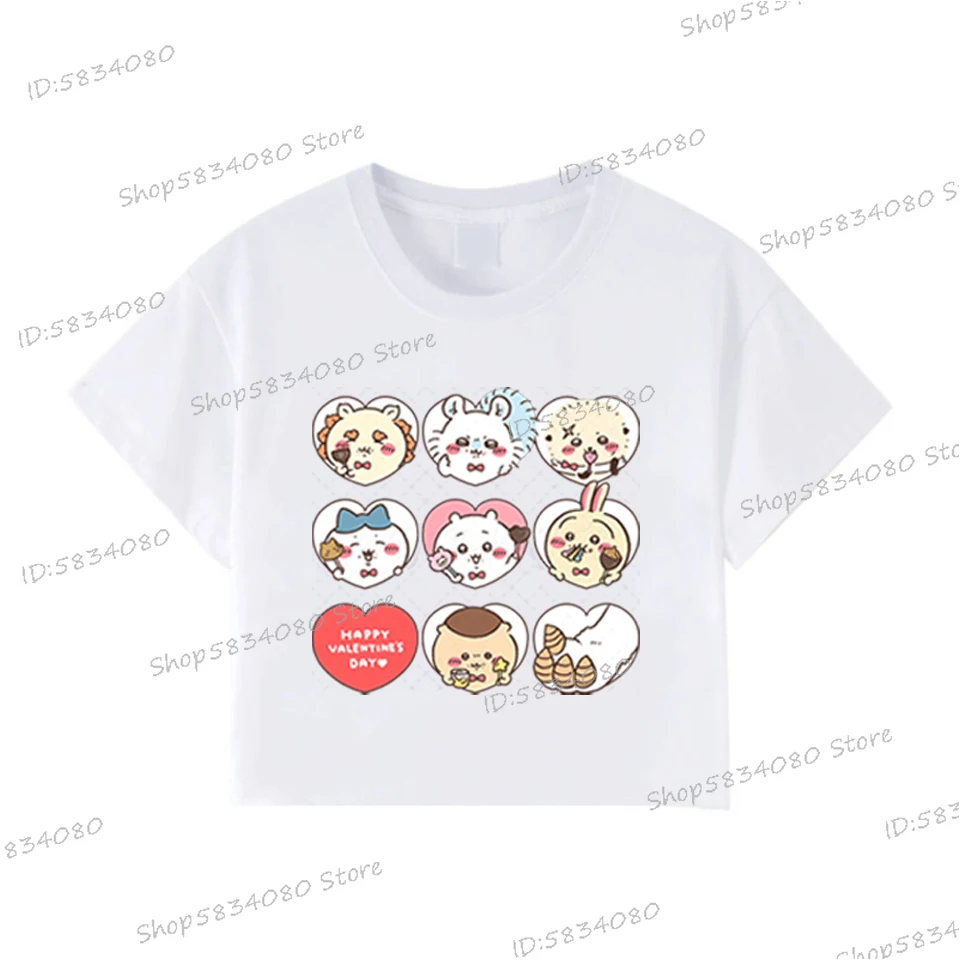 Chiikawa فتاة Harajuku تي شيرتات قصيرة الاكمام Kawaii Y2K المحاصيل القمم الكرتون Chiikawa الجرافيك طباعة القطن قصير الأكمام المرأة تيز #4