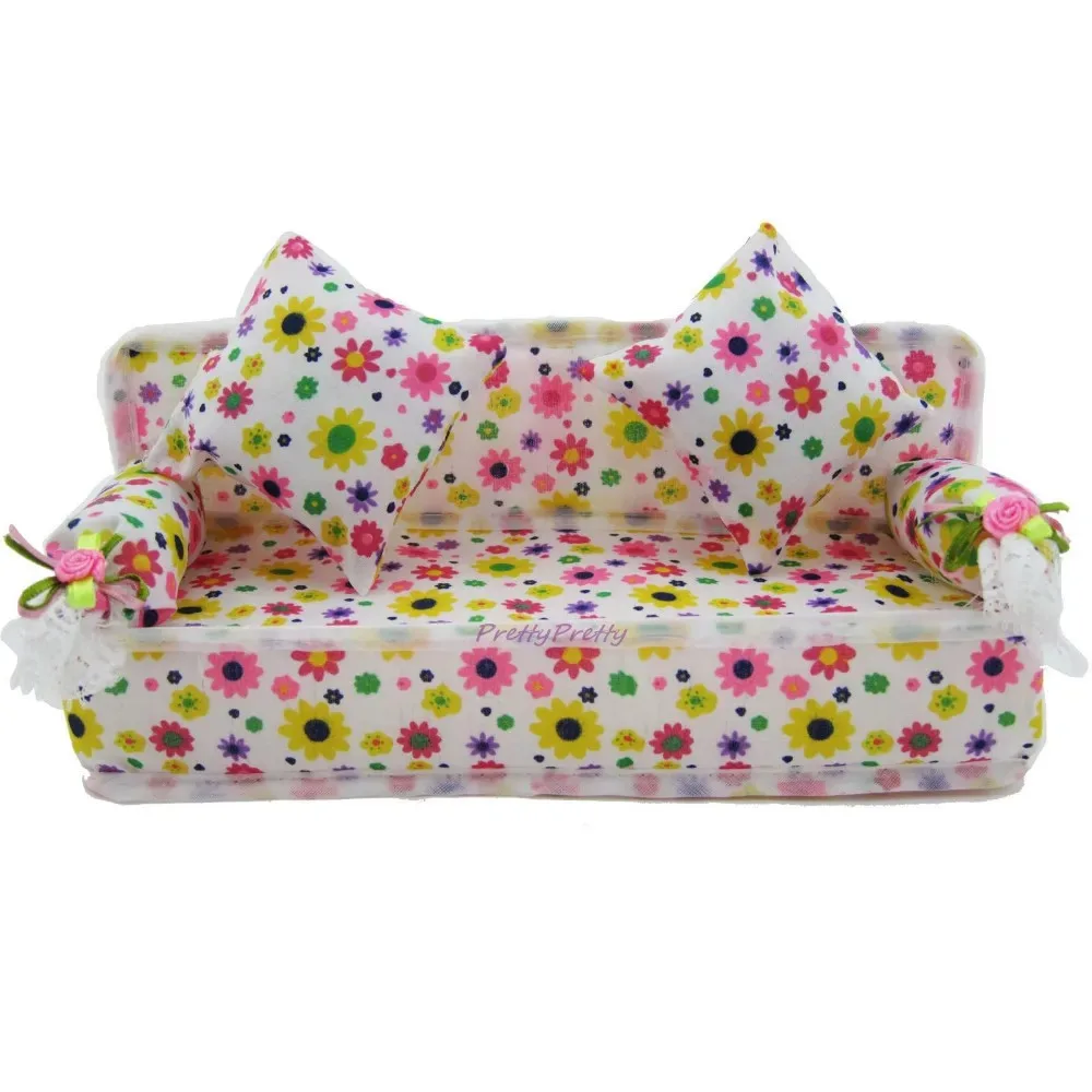 Doll Accessories Mini Sofa Plush Stuffed Furniture Flower Print Baby Toys&2 Cushions&Bouble Bed&Free Glasses Toys For 30CM Dolls