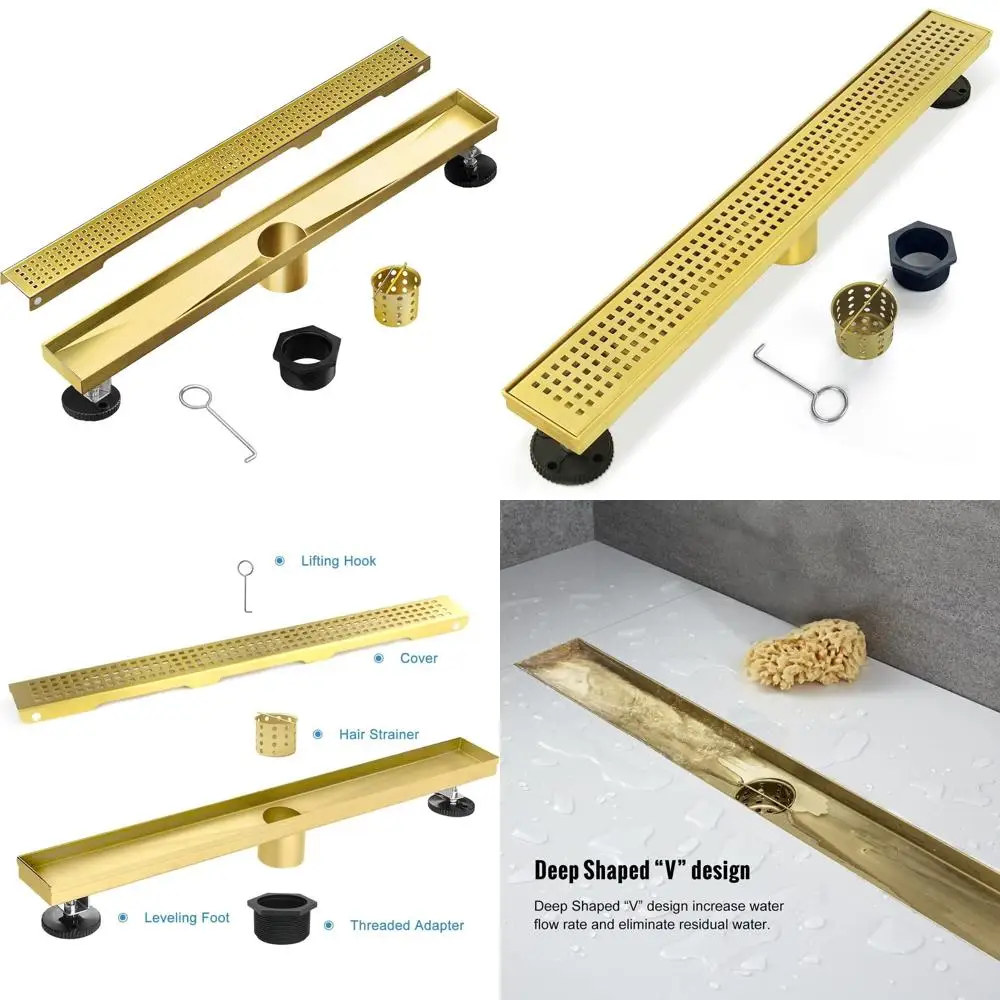 

Линейный слив для душа из матового золота со съемной решеткой из нержавеющей стали и регулируемыми ножками