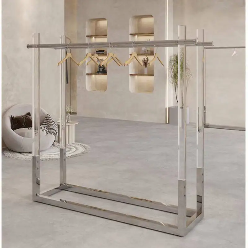 Clothing store display rack, stainless steel acrylic island rack, double bar floor rack, men's and women's clothing store