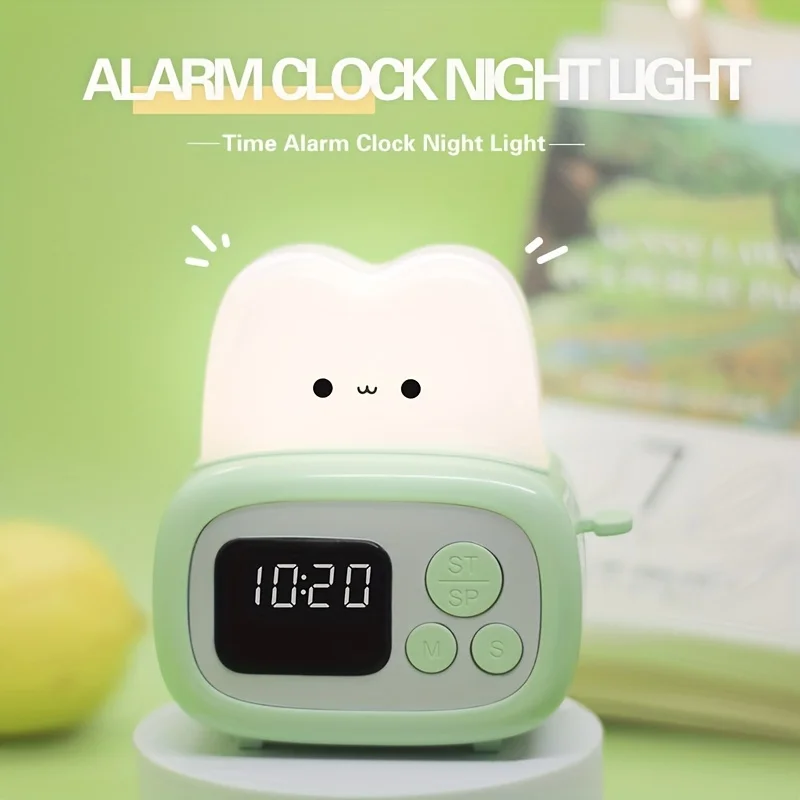 Bedside Alarm Clock Night Light Adjustable Soft Light USB Rechargeable Small Toaster Table Lamp for Kid's Bedroom Desktop Decor