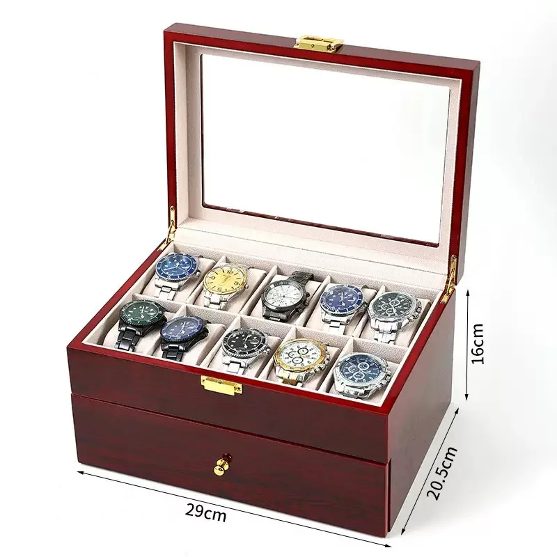 20 Slots Wooden Watch Box Case Glass Wine Red Piano Finish Baking Varnish Craft Wood Watch Boxes Organizer Storage Holder Gifts