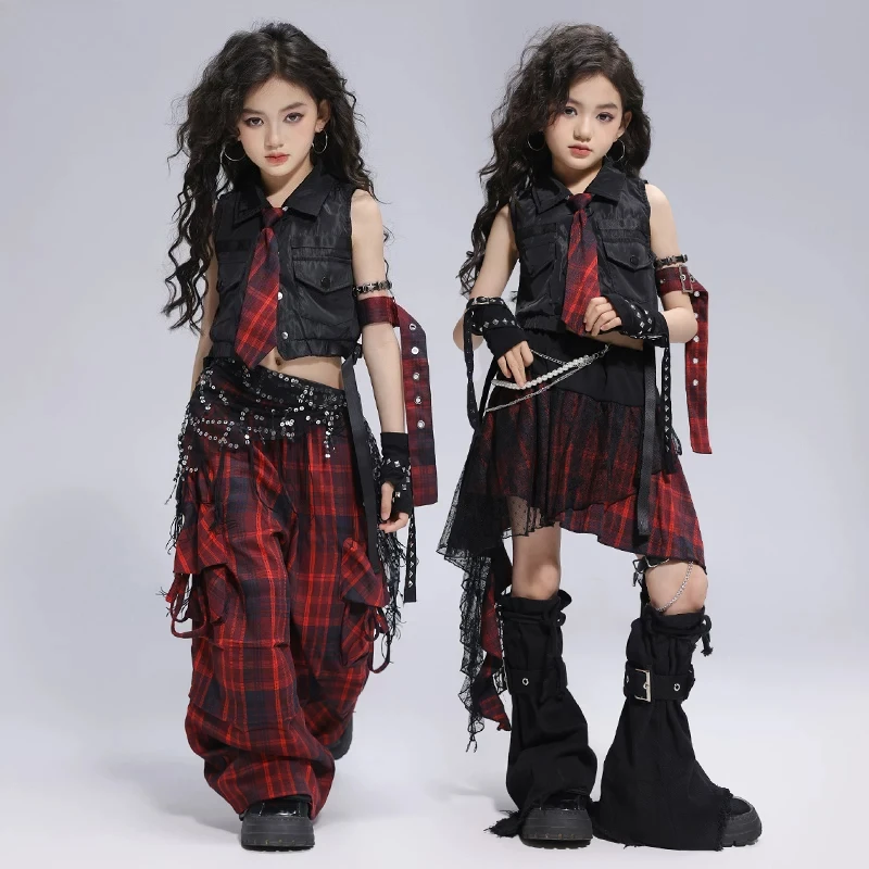 جديد الفتيات الهيب هوب الملابس أزياء الشارع الرقص المحاصيل الأعلى منقوشة السراويل تنورة المراهقين Kpop الجاز الرقص مرحلة الأداء زي #3