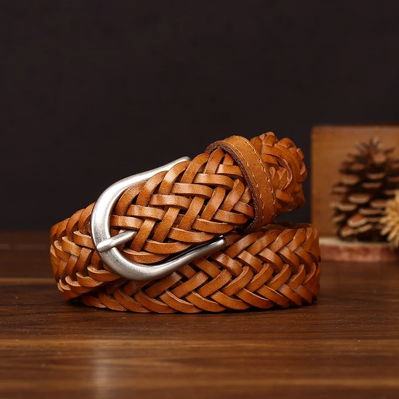 Vintage Hand-Woven Leather Belt with Pin Buckle, Made of Pure Cowhide, Stylish, Casual and Versatile