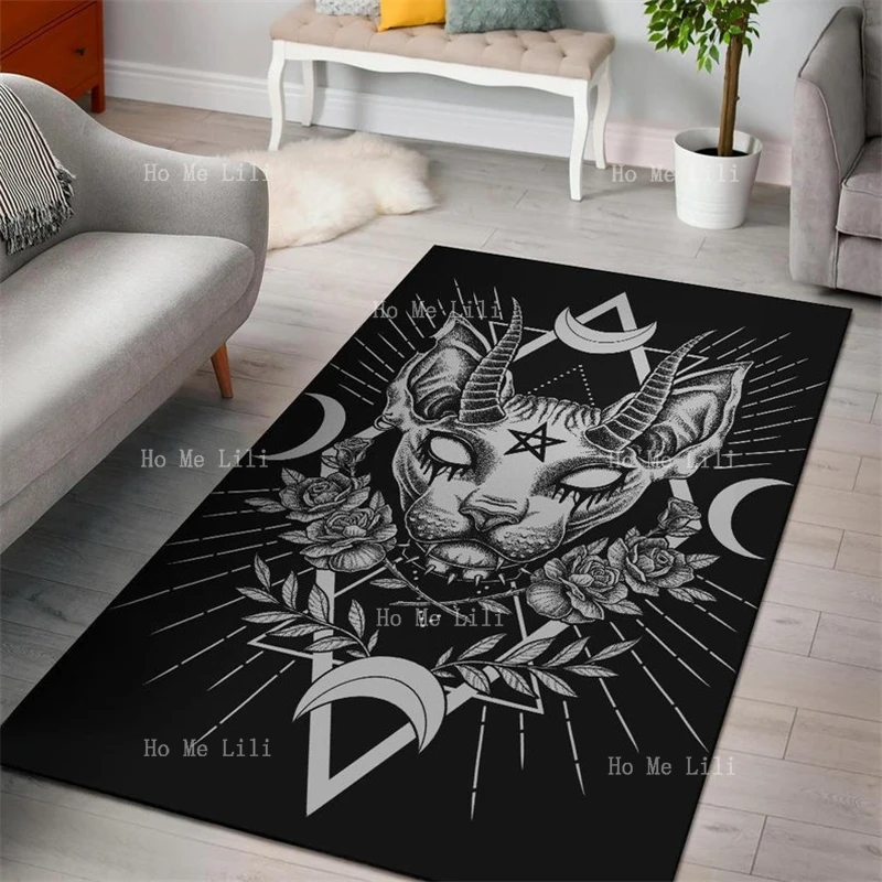 Horror Skull Gothic Occult Black Cat Unique Sphinx Style Flannel Floor Rug Awesome Demonic White Eye Version Decor Home