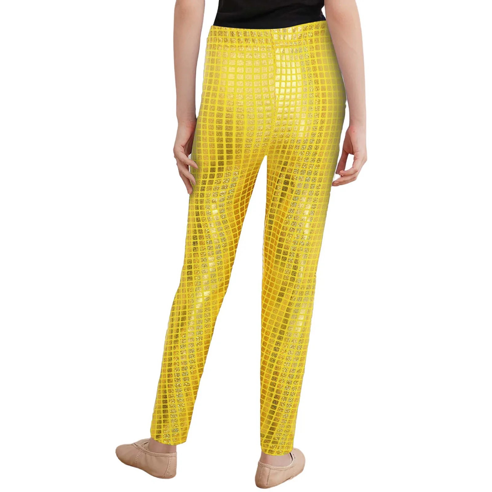 Girls Metallic Jazz Dance Pants Elastic Waistband Shiny Leggings for School Show Party Gymnastics Cheerleading Stage Performance