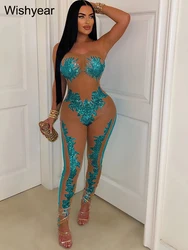 Elegant Bodycon Jumpsuit Playsuit Sequin Mesh See Through Patchwork  One Piece Suits Birthday Women Summer Night Club Outfits