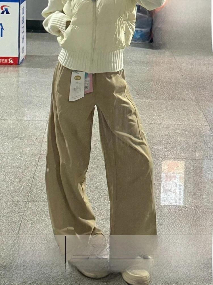 

Retro American High Waist Thin Khaki Denim Pants Women Summer New Warm Wide Leg Straight Cut Trousers Casual Pure Color