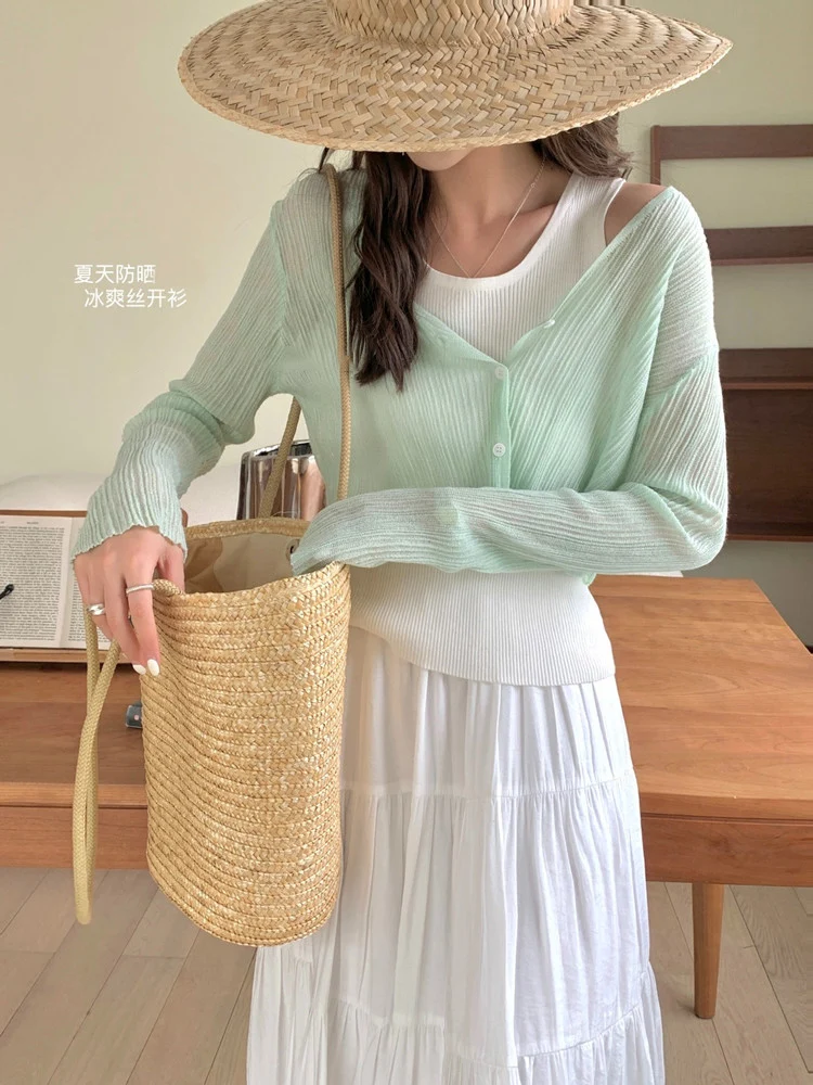 GAODINGLAN Ice Silk Knitted Sunscreen Cardigan Women Long Sleeve Thin Shawl Summer Solid Slightly Transparent Cover Up Outwear