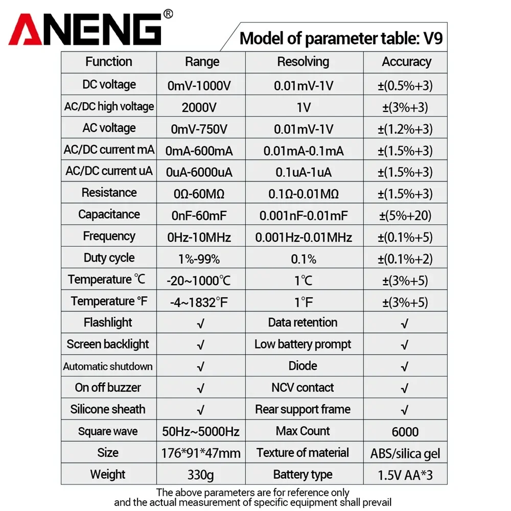 ANENG V9 Smart Professional Digital Multimeter 2000V Voltage Tester Capacimeter Voltmeter AC DC Ammeter Electrical Tester Tools