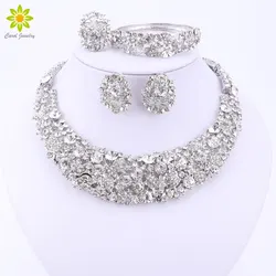 Nigerian Wedding African Beads Jewelry Sets Crystal Necklace Sets Silver Color Jewelry Set Wedding Accessories Party