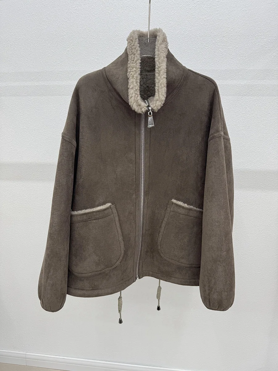 เสื้อโค้ทขนสัตว์เทียมแบบกลับด้านได้ แฟชั่นฤดูหนาว ผ้าวูลและหนังกลับ