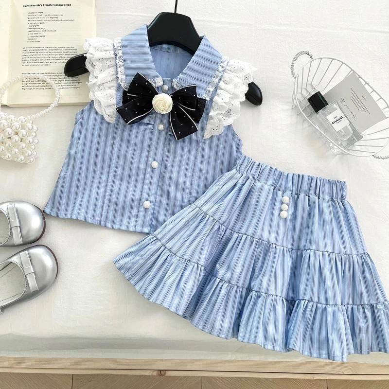 

Girls' Suit Summer New Girls' Small Flying Sleeve Bow Top + Striped Skirt Casual Two-piece Set Girl Clothes