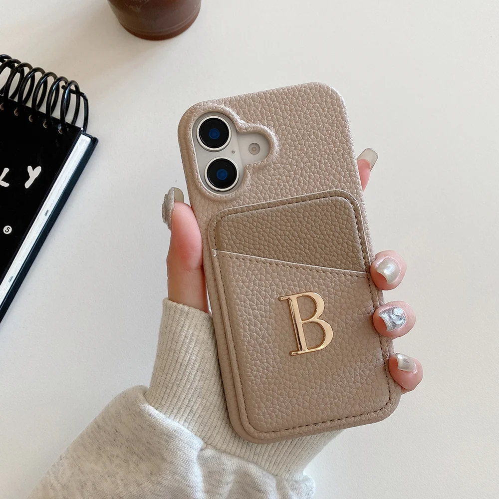 Customized Initial Leather Gold Letter cardholder Leather Phone case For iPhone16Promax 11 12 13 14 15ProMax 16Plus Cover