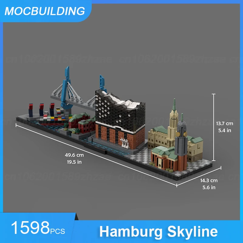 โมเดลเส้นขอบฟ้าบล็อกตัวต่อ Moc Hamburg สถาปัตยกรรมแบบ DIY ประกอบอิฐเพื่อการศึกษาสร้างสรรค์การรวบรวมของเล่นคริสต์มาสของขวัญ1598ชิ้น