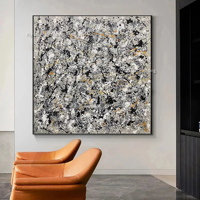 Modern Expressionist Hand Painted Oil Painting, Thick Palette Knife Black White Gold Splatter Abstract Canvas Home Wall Decor