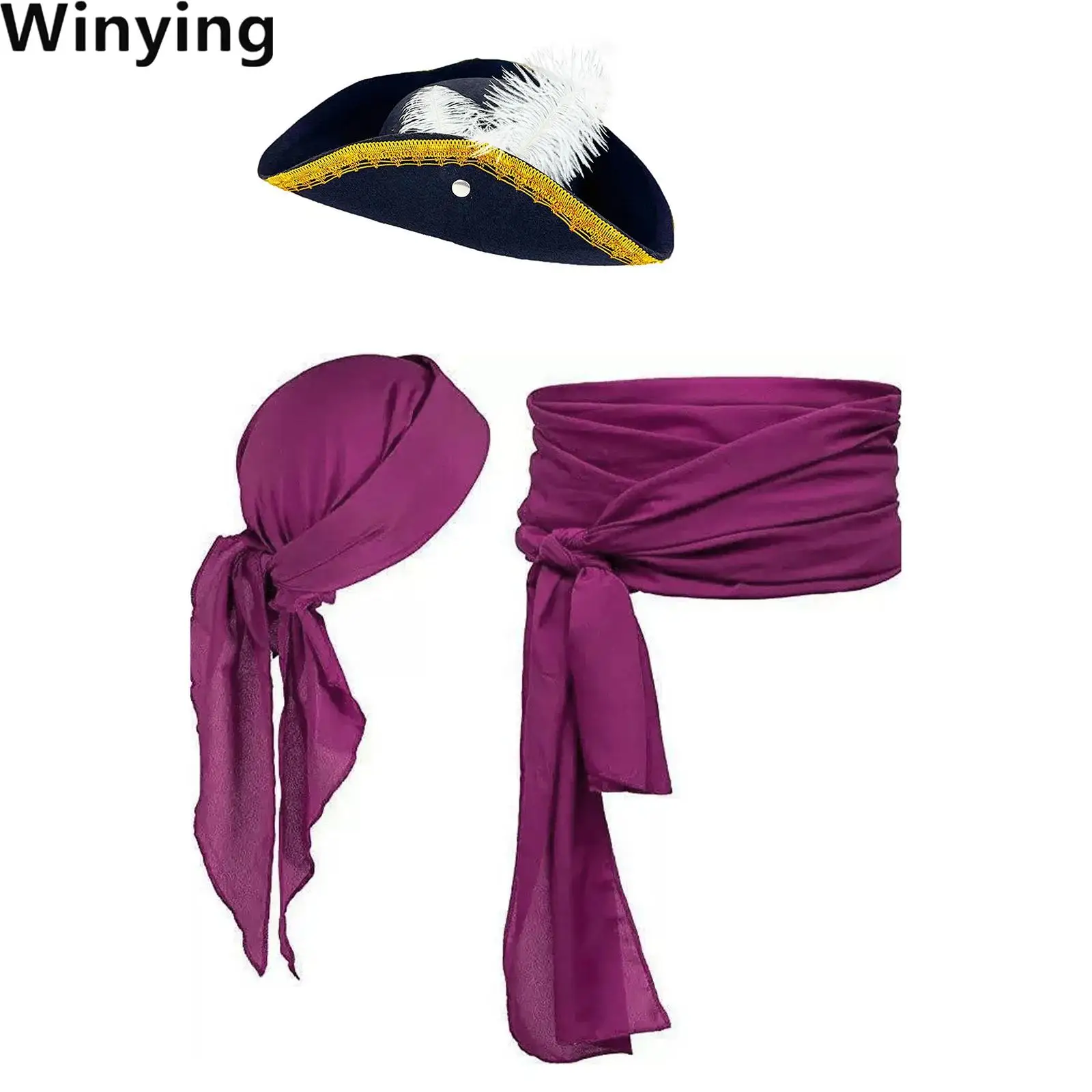 Women Men Halloween Pirate Costume Accessories Pirate Costume Hat with Medieval Headscarf And Sash Belt Set for Party