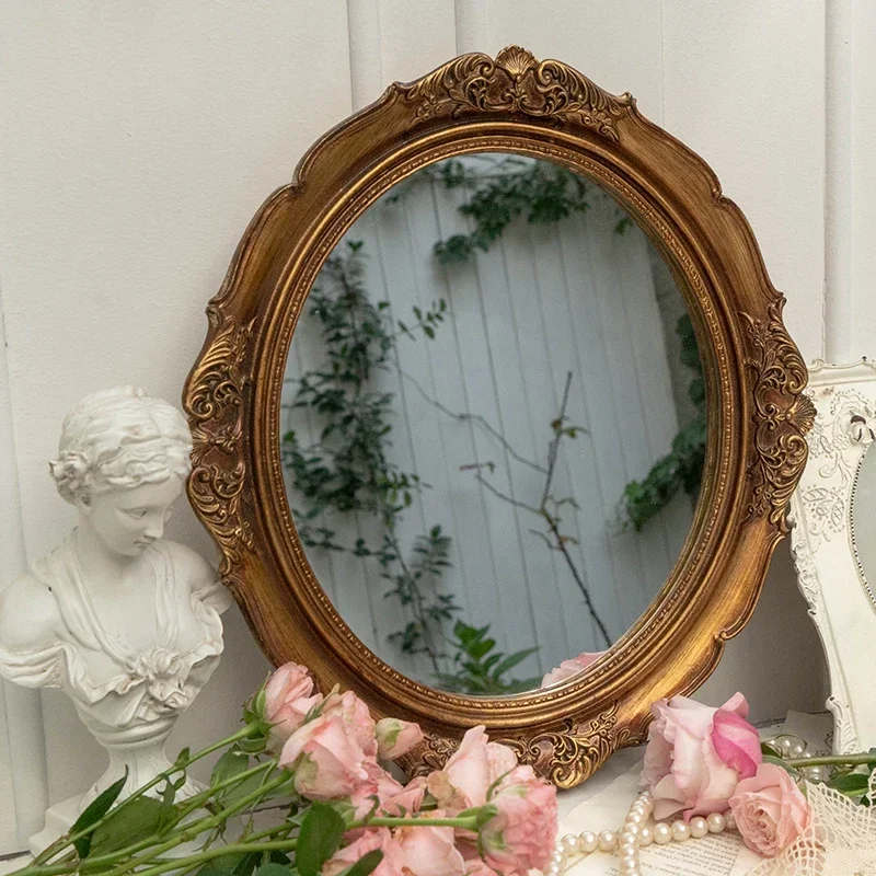 

Antique Resin Vanity Mirror Exquisitely Carved Beauty Glass Charming Retro Mirror Wall-mounted Tray 37X33cm