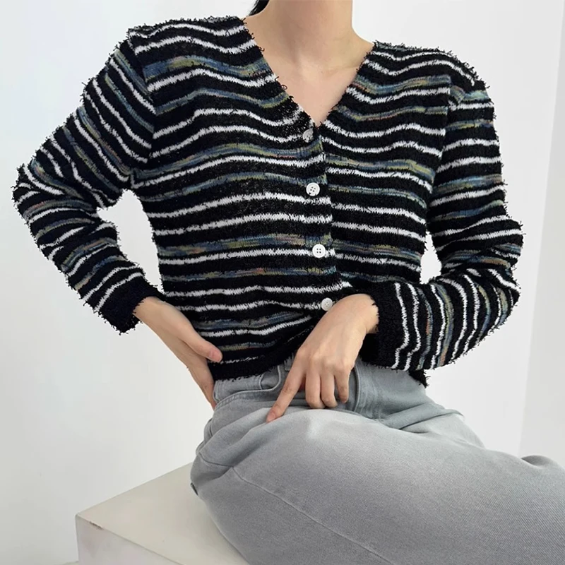 

Temperament Small Fragrance Jackets 2024 Autumn Korean V-neck Loose All-match Tops Tassel Design Long-sleeved Striped Knit Coat