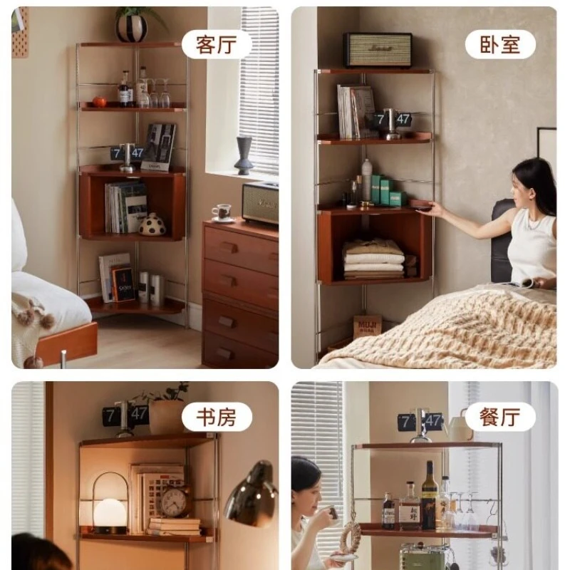 

Medieval solid wood corner rack stainless steel triangular display cabinet living room multi-function