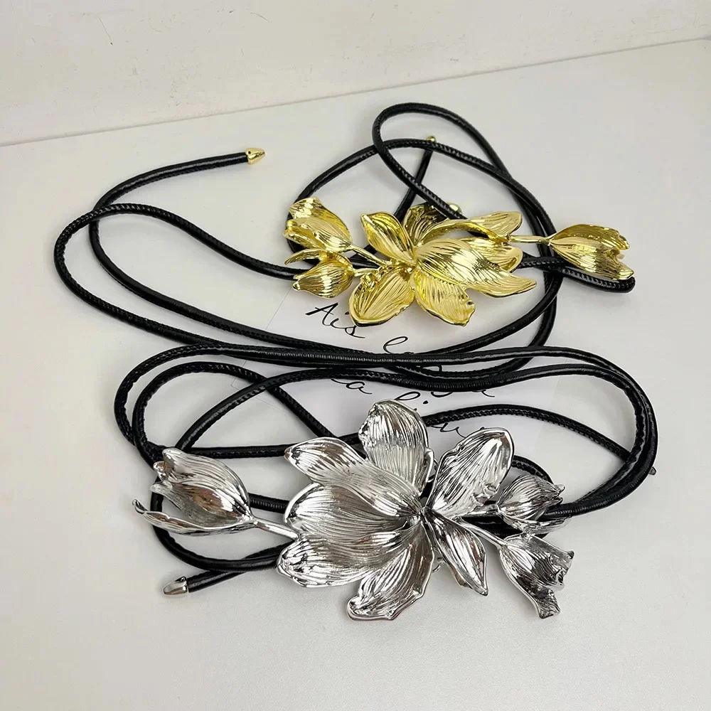 

Retro Gold Metal Flower Belt Women's Personality Outstanding Black Leather Rope Dress Decoration Waist Chain New 2DB1920