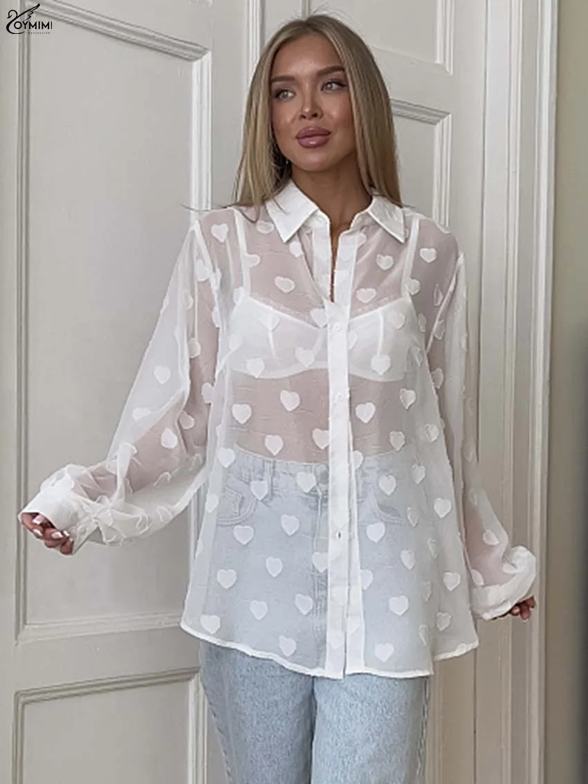 Oymimi Fashion White Print Woman Blouses Elegant Translucent Turn-Down Collar Blouses Casual Long Sleeve Single Breasted Shirts